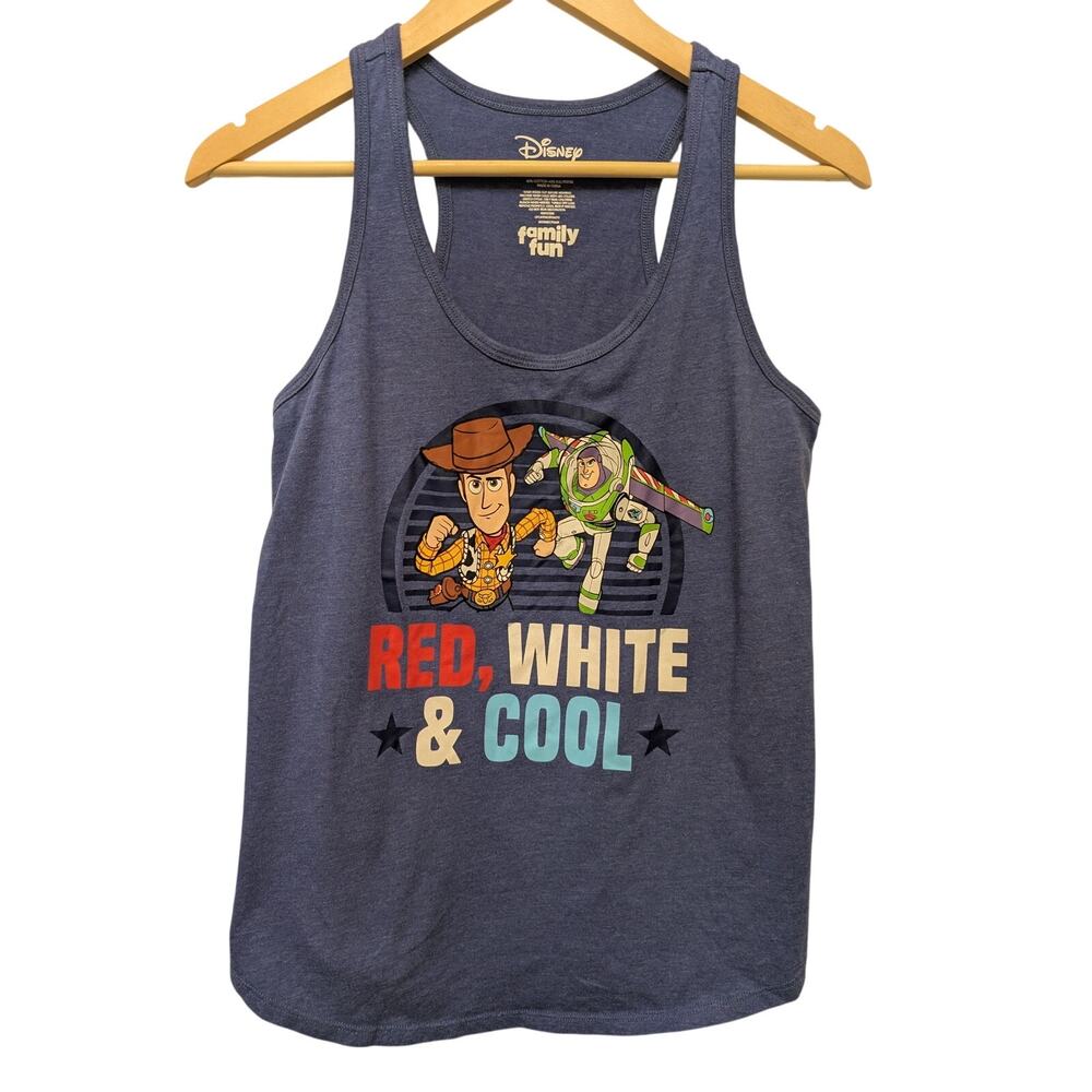 Disney Toy Story Red White & Cool Buzz Woody Tank Top Juniors M Blue Racerback